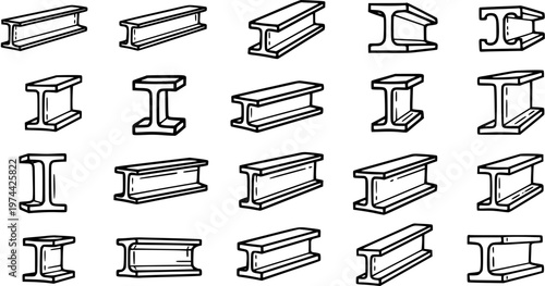 Black and White Line Art Icons of Various Steel I-Beams for Construction and Engineering