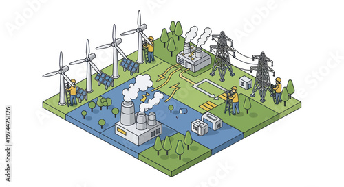 Isometric illustration of diverse energy production and consumption landscape.