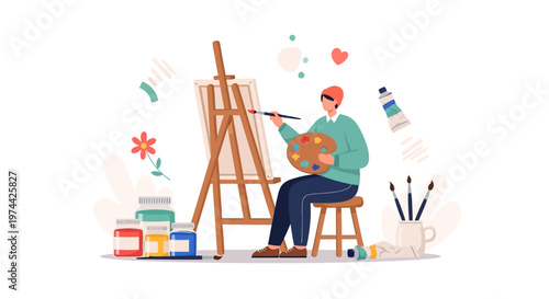 A young artist seated before an easel, holding a color palette and brush, creating a vibrant illustration for World Art Day with a whimsical, colorful design against a clean white background
