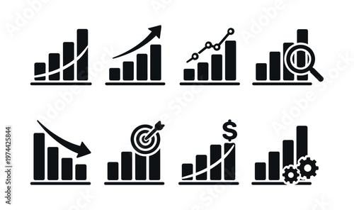 Business growth and decline icons set, bar chart, financial analysis, black and white silhouette vector