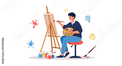Creative artist painting on a canvas using a brush and color palette on World Art Day, depicted in a flat vector illustration against a clean white background, conveying a sense