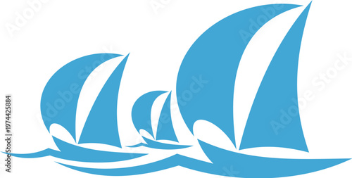 Yachting regatta icon, vector abstract three sailboats in motion, featuring dynamic curves and blue tones. Marine emblem conveys a sense of teamwork, ocean adventure, competition and nautical travel