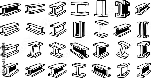 Black and White Line Art Illustration of Various I-Beam Steel Sections for Construction Industry