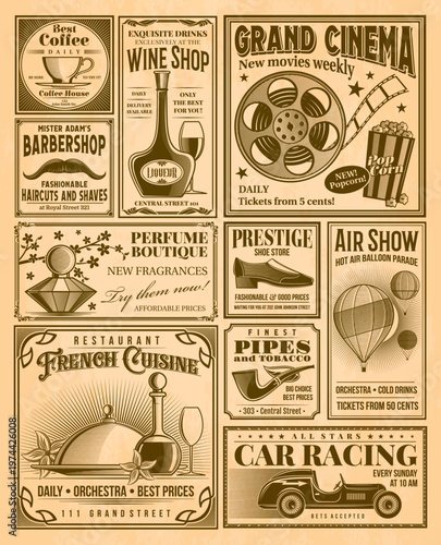 Old newspaper or vintage gazette and retro news paper newsprint, vector poster. Old newspaper background with ad posters or retro magazine advertisement banners of cinema, barbershop and restaurant
