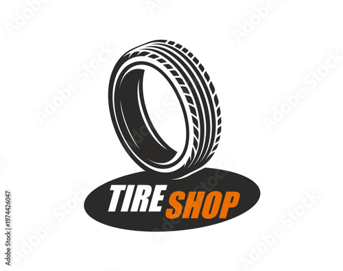 Tire shop icon, truck tyre wheel store and service. Bold and dynamic symbol featuring detailed tire silhouette with prominent tread pattern. Powerful vector wheel icon for truck tire retailers