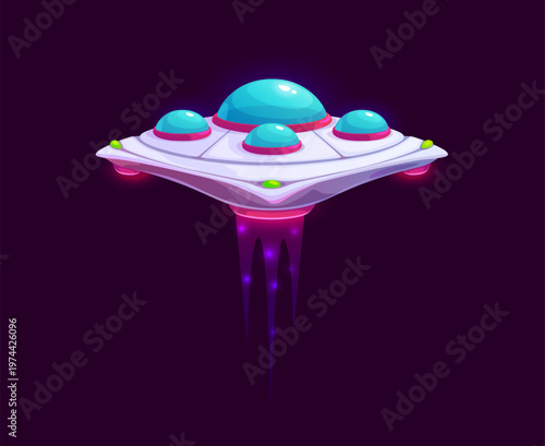 Cartoon unidentified flying objects game icon, UFO flying saucer with glowing blue dome windows. Extraterrestrial spaceship with purple fiery bursts from thrusters. Cartoon vector UFO for space game