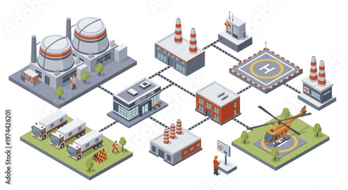 Isometric Industrial Complex with Connected Facilities and Transport.
