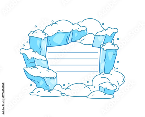 Kids memo note with winter snow and ice frame for message sticker, vector cartoon plant list. Adhesive post, daily to do task planner with frozen rocks with snowcaps or snowdrifts for kids memo note