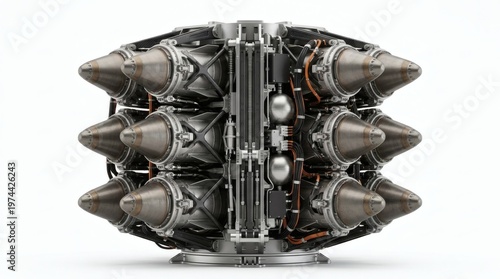 Intricate metallic cylindrical device with multiple conical nozzles or warheads arranged radially on a white background.