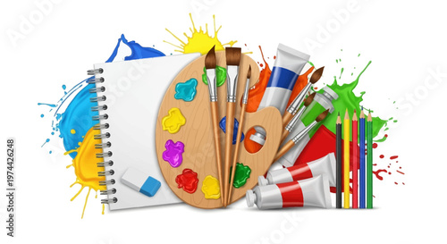 A vibrant World Art Day themed illustration displaying a wooden palette with colorful paint splashes, brushes, and tubes, set against a white background that conveys creativity and artistic