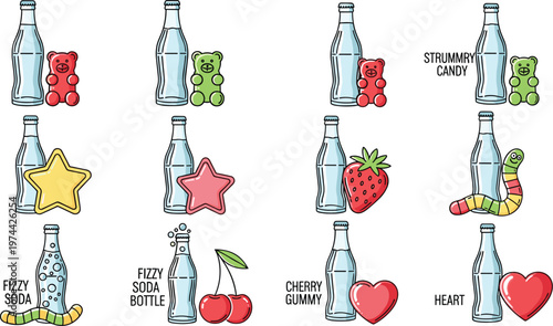 Cuadro en lienzo Soda Bottle Candy Sticker Icon Set with Fizzy Drink Gummy Bear Strawberry Cherry