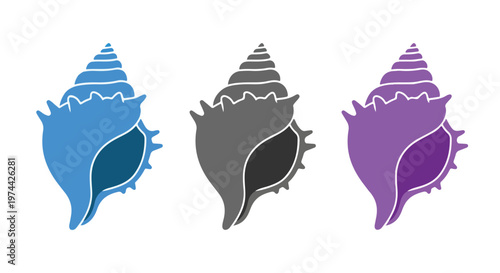 Three stylized seashell illustrations in blue, gray, and purple against a white background, representing marine life