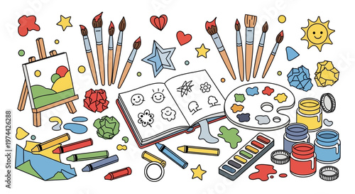 Overhead vector illustration for World Art Day showing a colorful assortment of painting supplies, including brushes, paint tubes, and an open sketchbook filled with doodles, arranged