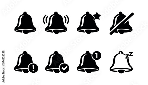 Black and white notification bell icons set with various symbols silhouette style