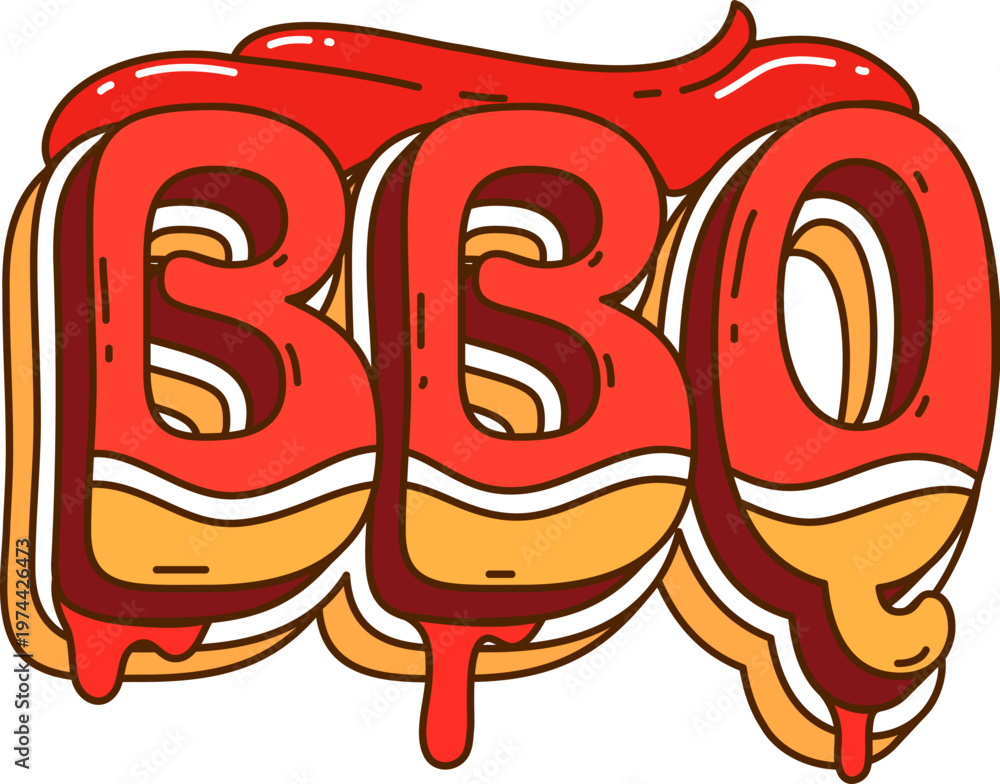 Naklejka premium Cartoon groovy barbecue and grill BBQ letter in shape of sandwich, vector burger. BBQ groovy retro Y2K design of sandwich toast bread with ketchup and mayonnaise for hippie fast food and barbecue