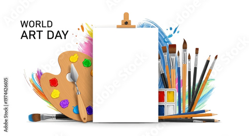 A vibrant World Art Day illustration features an easel with a blank canvas, surrounded by a colorful palette and various art brushes against a splash of bright paint for creative design