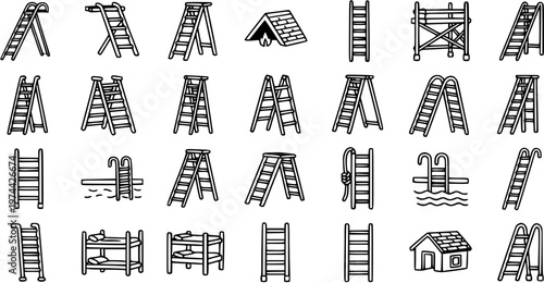 Black  White Line Art Outline Icons of Ladders and Related Equipment, Including Scaffolding, Bunk Beds, and Pool Ladders, for Construction and Home Use.