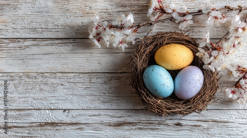 On a light wooden surface lies an Easter nest filled with pastel eggs and blooming cherry branches, symbolizing a spring celebration and natural beauty