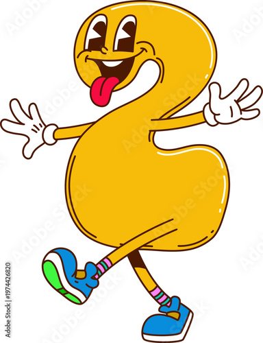 Groovy hippie math number Two or 2 sign and numeral figure, vector cartoon character. Groovy number 2 Two with happy face and silly tongue out smile face for kids school mathematics or algebra count