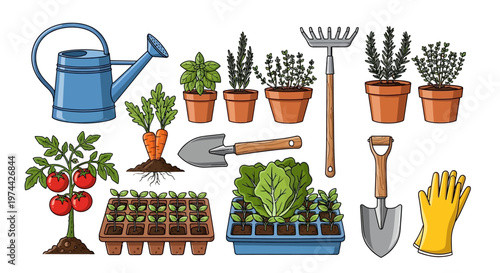 Colorful vector illustration showing a collection of spring gardening tools and plants, including a watering can, shovel, and seedlings in pots, set against a clean white background