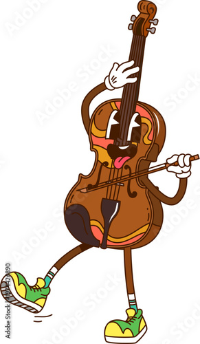 Cartoon groovy violin music instrument character with funny face, vector comic emoji. Funky groovy violin or bass fiddle character with bow and freaky tongue out smile as Y2K musical instrument