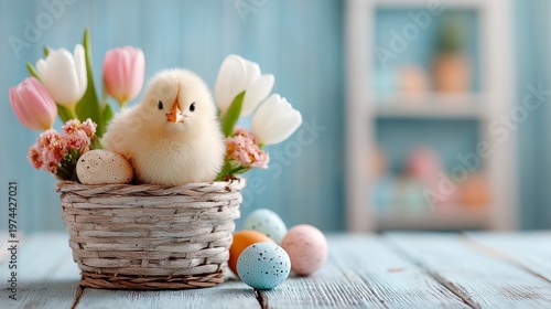 The table displays a wicker basket containing colorful Easter eggs, spring flowers, and a fluffy yellow chick, symbolizing the seasonal celebration and joy