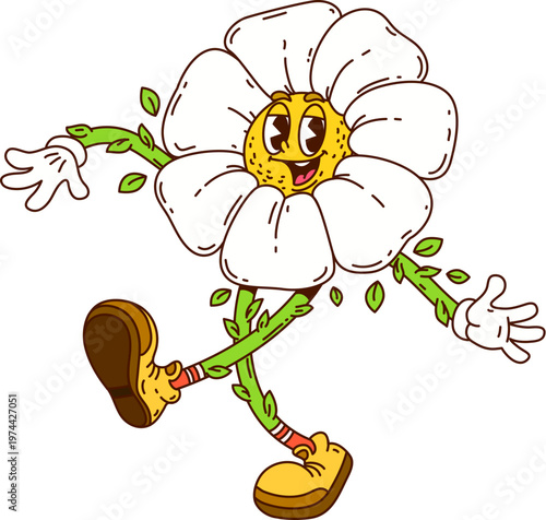 Hippie groovy daisy chamomile flower character cheerfully strolling in retro sneakers. Cartoon vector funny charming camomile blossom personage exudes joy, positivity, and playful summer y2k vibes