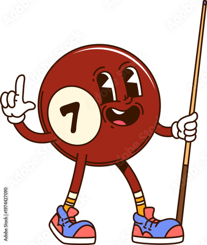 Cartoon groovy billiard ball hippie character with funny face, comic vector emoji. Groovy billiard snooker ball with cue as sport game character with silly smile and trippy expression in good vibes