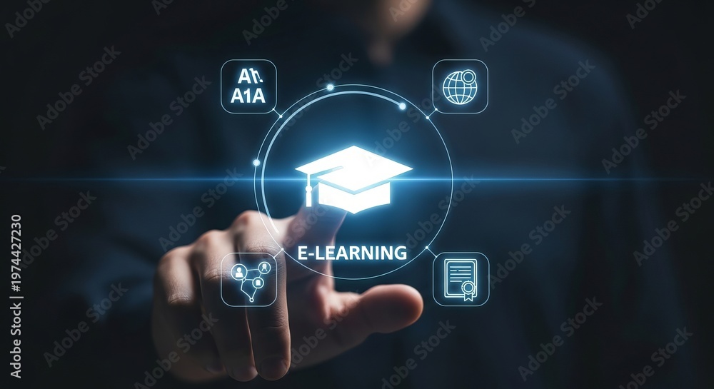 Fototapeta premium Businessman Touching E-Learning Graduation Cap Icon on Virtual Interface for Online Academic Training