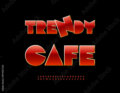 Vector Creative signboard Trendy Cafe. Fashion Red Font for Digital Brand and Design Logo.. Lavish Big Geometric Alphabet Letters and Numbers set.