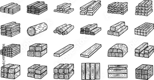 Construction  Woodworking Industry Wood Lumber Timber Icons Set. Hand Drawn Black and White Line Art of Logs, Planks, Boards, and Stacks.