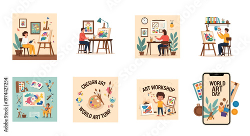 Collection of eight different vector-style art illustrations depicting World Art Day themes, including artists painting in studios, creative design elements, and a mobile phone