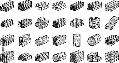 Black and White Line Art of Assorted Lumber and Wood Piles for Construction Industry