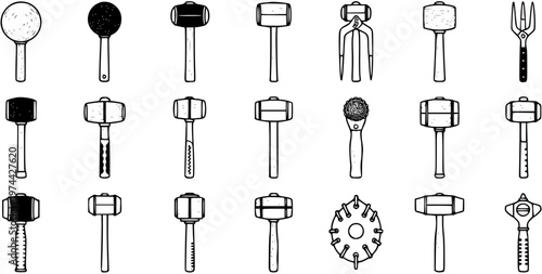 Black  White Line Art Collection of Mallets, Meat Tenderizers, Hammers, and Kitchen Tools for Food Preparation, Cooking, and Butchery Industry