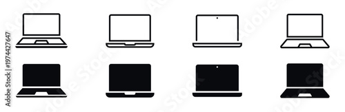 Minimalist laptop silhouette icons various styles electronic device vector set black and white