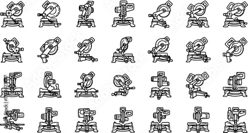 Black and White Line Art Icons of Various Miter Saws on White Background