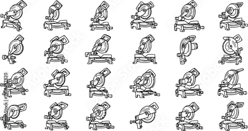 Miter Saw Line Art Icons Collection. Black and White Outline Glyphs of Carpentry Power Tools for Construction, Woodworking, and DIY Projects.