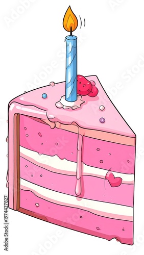 A slice of pink frosted cake with a lit blue candle on top