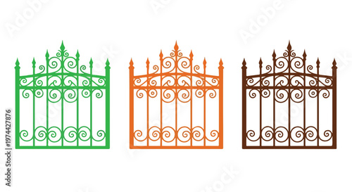 Three ornate wrought iron fence sections in green, orange, and brown, showcasing intricate scrollwork and decorative