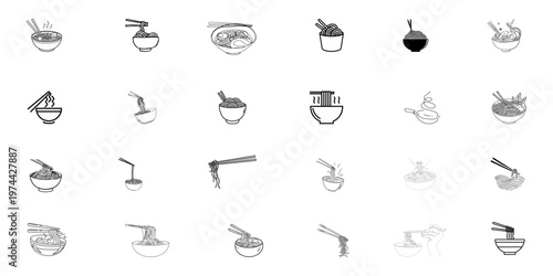 Minimalist Ramen and Noodle Bowl Icon Set – Hand-Drawn Japanese Cuisine Doodles for Restaurants, Menus, and Food Branding