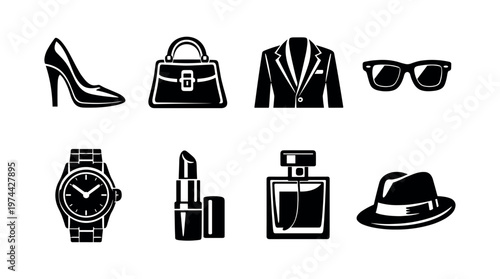 Fashion accessories silhouette set featuring shoe handbag clothing and cosmetic vector illustrations