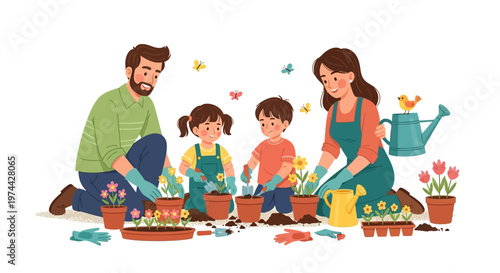 Vector illustration of a family enjoying spring gardening together, planting flowers in pots against a white background, rendered in a flat, cartoon style with warm colors