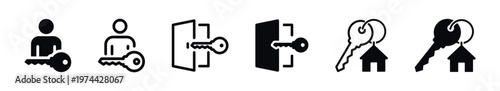 Black and white silhouette icons of person and key door and house elements
