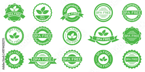 BPA free badges collection with eco friendly labels and leaf symbols. Green certification marks for safe plastic