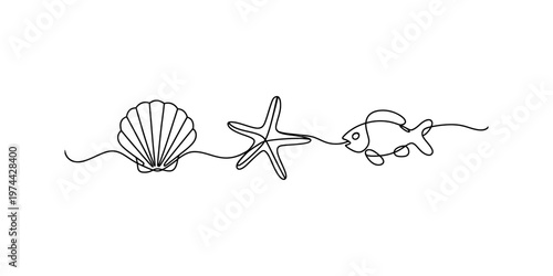 Minimalist continuous line art design featuring a seashell a starfish and a small swimming fish Vector, illustration