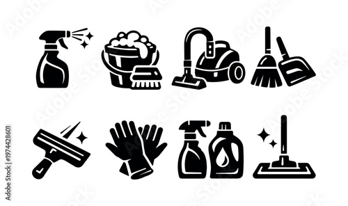 Black and white cleaning tool silhouettes including spray bottle, bucket, gloves, broom, vacuum, squeegee