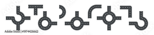Collection of road elements for traffic design, includes roundabouts and turns, flat vector illustration