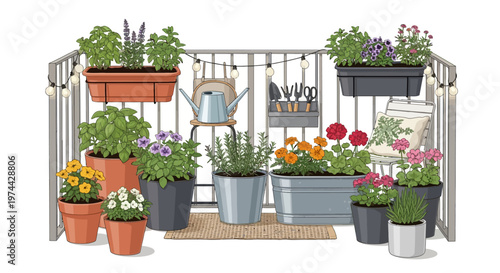 Vector illustration showcasing a home garden lifestyle with potted spring plants arranged along a balcony railing against a clean white backdrop, styled with soft lighting and a cheerful