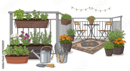 Vector illustration of a furnished balcony with potted herbs and flowers, featuring gardening tools and a bistro set against a white background, conveying a cozy home garden lifestyle