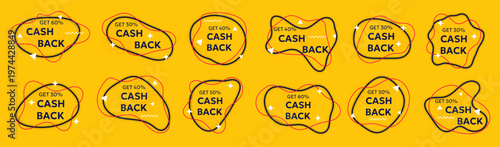 Cash back badges collection with organic abstract shapes and discount text. Bright yellow labels with dynamic outlines and marketing